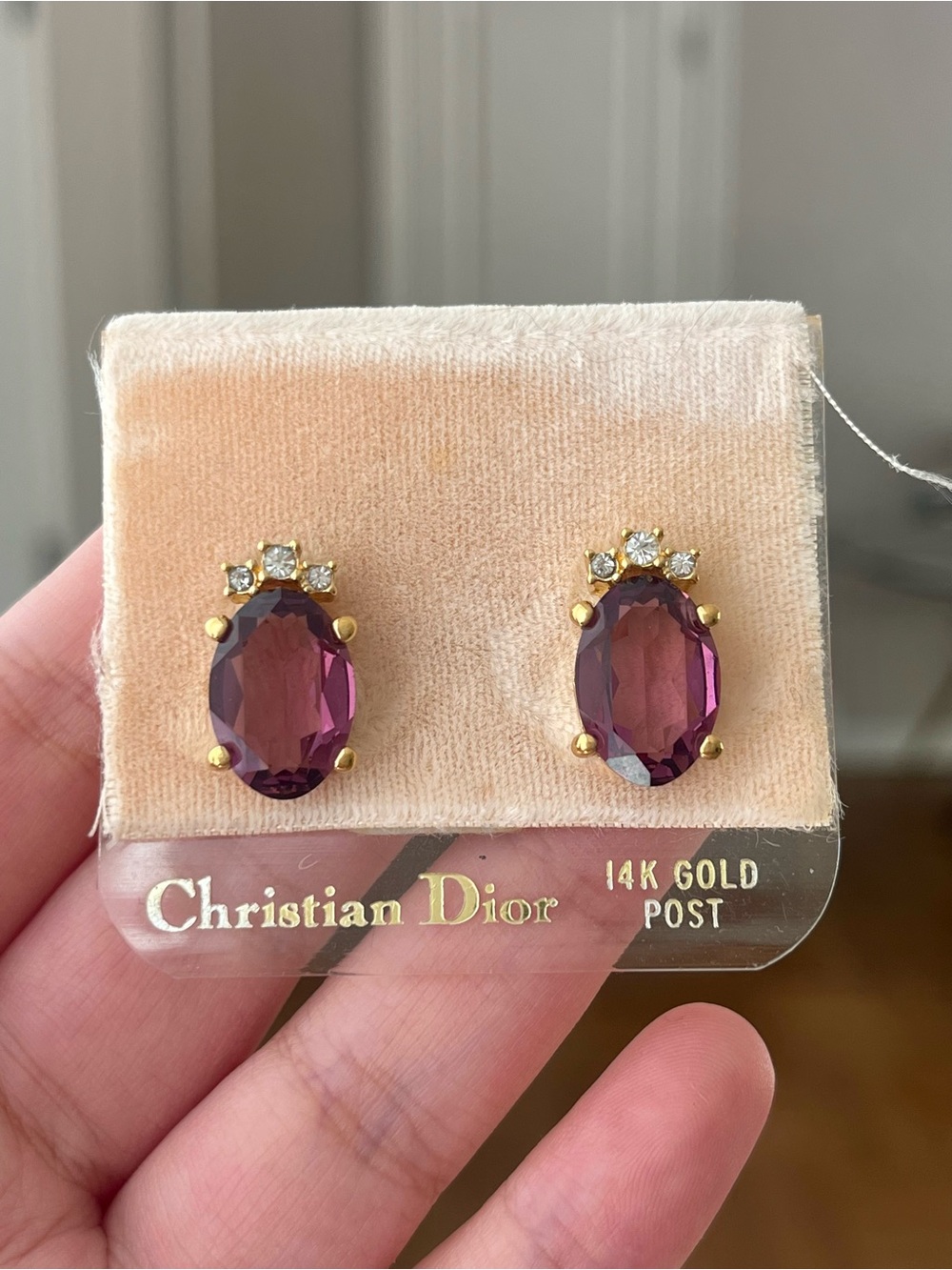 Authentic Vintage Dior Oval Purple Rhinestone Crystal 14k Gold Post Earrings NWT